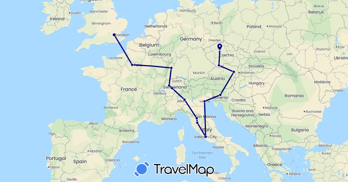 TravelMap itinerary: driving in Austria, Switzerland, Czech Republic, France, United Kingdom, Italy, Slovenia (Europe)